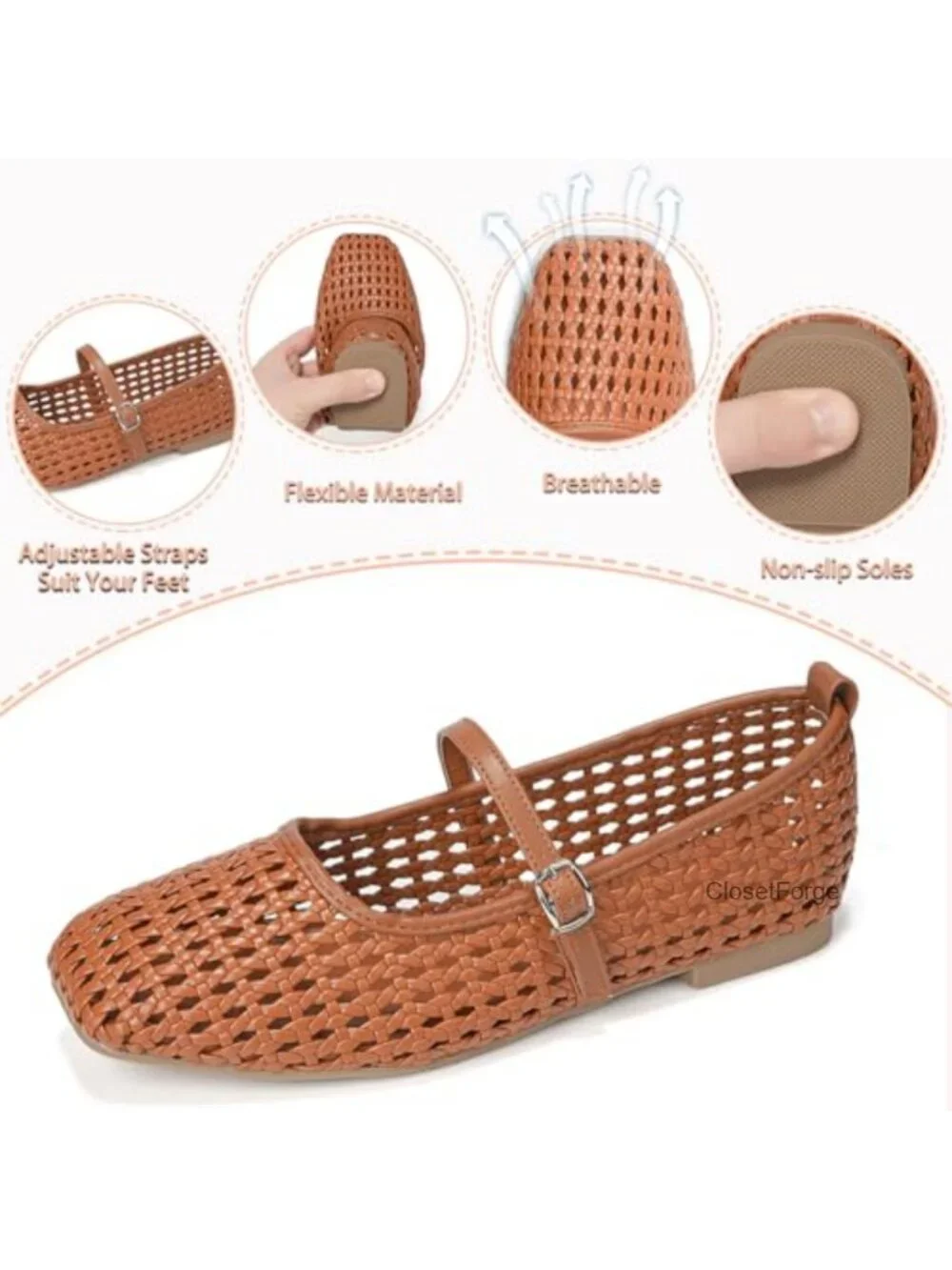 Women's Woven PU Leather Square Toe Mary Jane Flats for Work